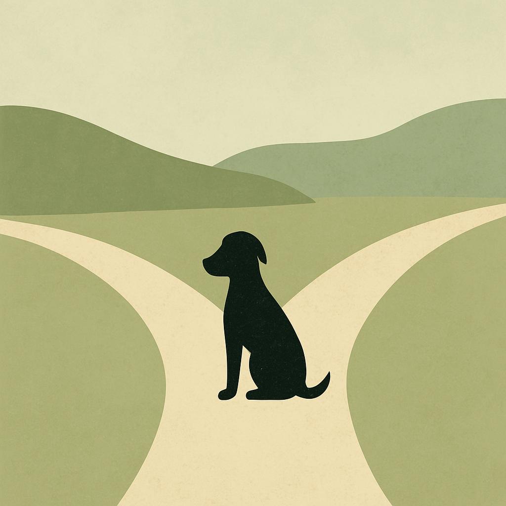 Illustration of dog at a fork in the road